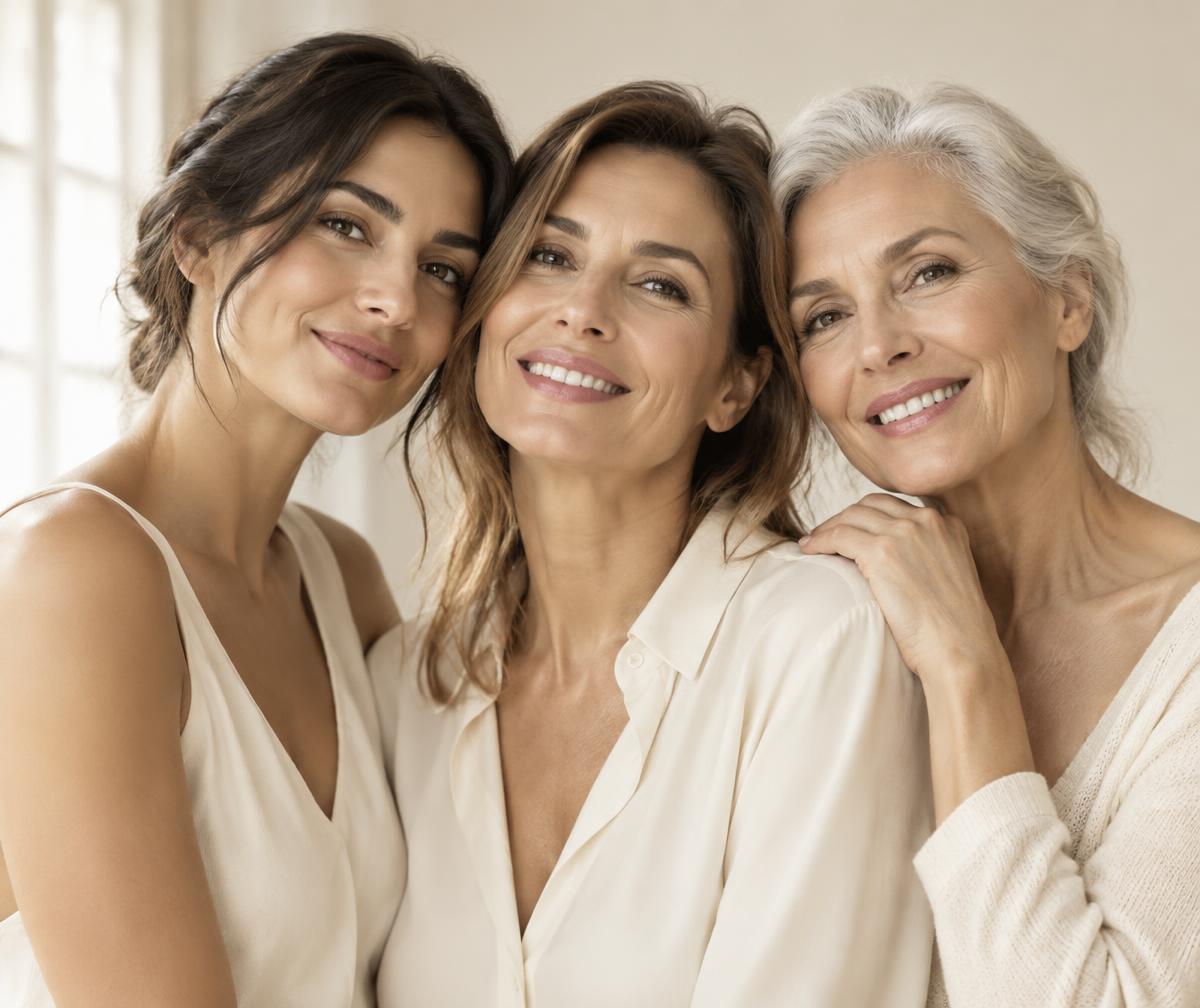 Tre donne di età diverse con pelle naturale e luminosa