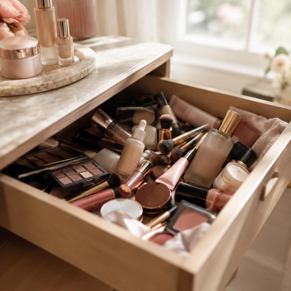 Un cassetto pieno di prodotti makeup